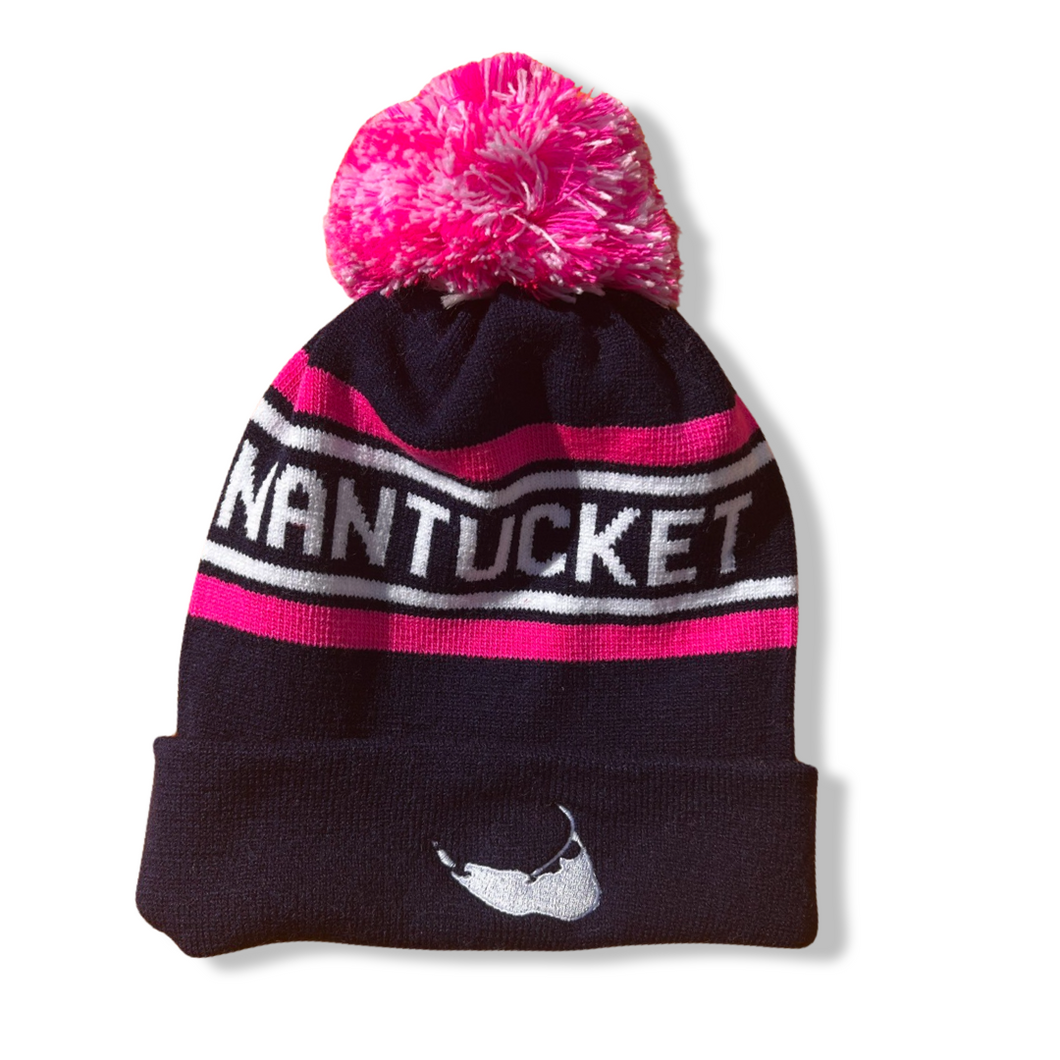Navy/Pink Nantucket Pom Beanie