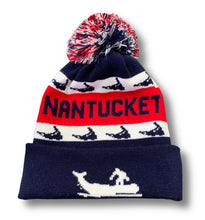 Load image into Gallery viewer, Navy white and red Nantucket pom hat
